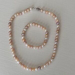 Freshwater Cultured Pink Peach Cream Pearl Necklace Bracelet Set Wedding in Box
